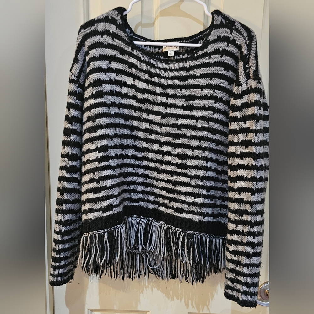 Striped Black and White Sweater with Fringe